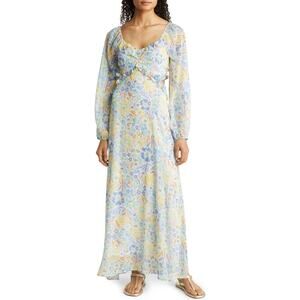 BTFL-LIFE Blue Floral Long Sleeve Metallic Cutout Ruffle Summer Maxi Dress Sz M